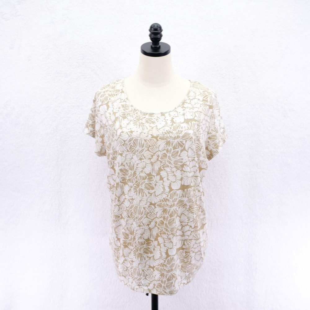 White Stag -XL- White Tan Blouse Top Round Neck Cotton Polyester Rhinestone